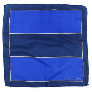 VTG Christian Dior Navy Blue Metallic Gold Geometric Print Silk Pocket Square
